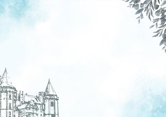 Elegant castle landscape with blue watercolor background