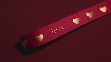 Luxury Red Ribbon with Golden Love Script and Heart Pattern. Valentine's Day and Romantic Gift Wrapping. 