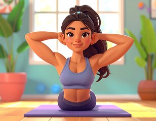 Animated woman exercising on a mat, indoors near a window. Plants and a wall decor are visible in the background