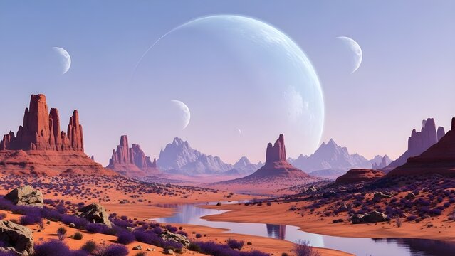 Entorno de fondo de planeta alien&iacute;gena 2D para un juego m&oacute;vil de campo de batalla.
 Otro mundo fant&aacute;stico paisaje estilo caricatura plana.
 Ilustraci&oacute;n realista 2D.
 IA generativa