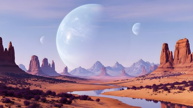 Entorno de fondo de planeta alien&iacute;gena 2D para un juego m&oacute;vil de campo de batalla.
 Otro mundo fant&aacute;stico paisaje estilo caricatura plana.
 Ilustraci&oacute;n realista 2D.
 IA generativa