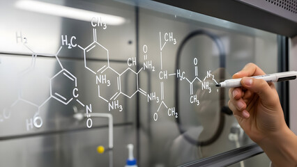 A hand writes complex organic chemical formulas with a white marker on a clear laboratory glass surface.
