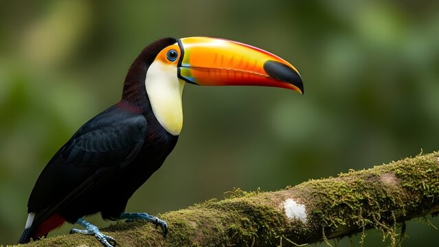 Tuc&aacute;n sentado en la rama del bosque, vegetaci&oacute;n verde, lleno de espacio para copiar, papel tapiz colorido