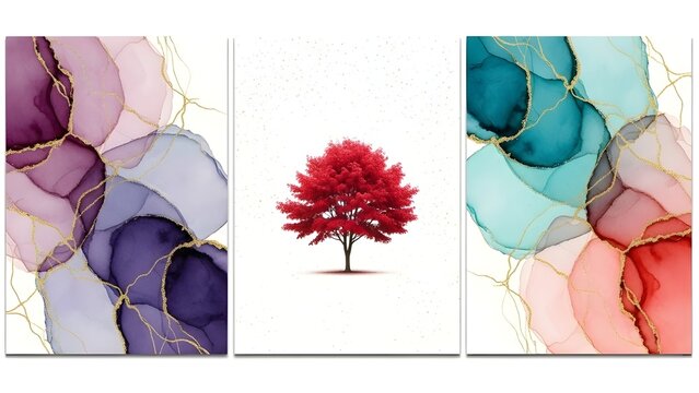 Pintura abstracta de &aacute;rboles, obra de arte, acuarela, tinta, naturaleza, paisaje, lienzo, impresi&oacute;n, arte de pared, decoraci&oacute;n