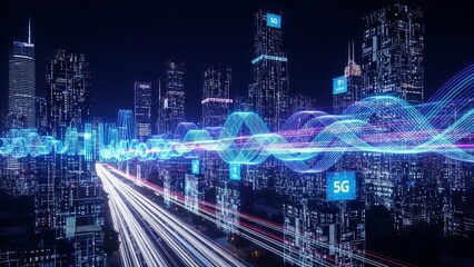 Fototapeta premium A futuristic cityscape at night with highways, buildings, technology, digital data, and the concept of a cybernetic world.