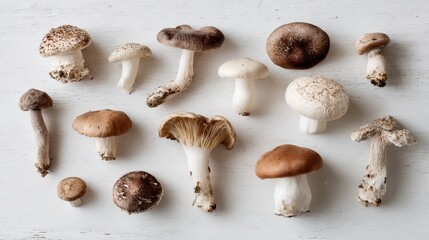 Assorted edible mushrooms laid out in a balanced cluster against white backdrop