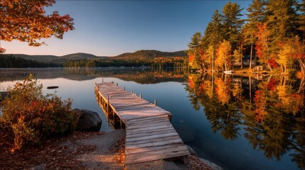 Autumn reflections on a tranquil New England lake at golden hour