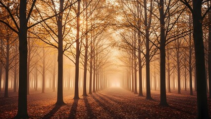 Fototapeta premium A serene forest path at sunrise with trees and autumn leaves