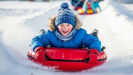 A happy child slides down the slope in a red snow tube, dressed in bright winter clothes. AI generated.