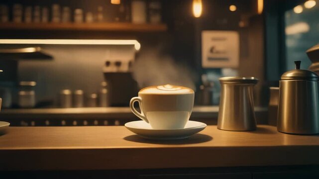 Steaming coffee cup with delicate latte art on a wooden bar counter in a cozy, blurred cafe background.