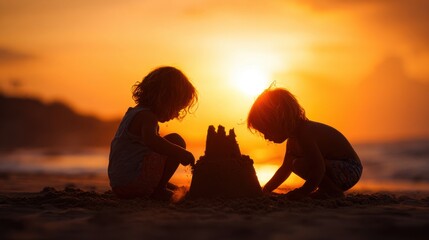Two children building sandcastle on beach at golden sunset expressing childhood innocence play friendship summer memories and family bonding on white background