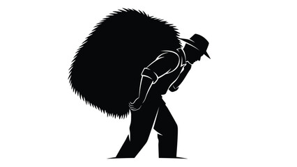 Man carrying large fur bundle on back in silhouette isolated on white background