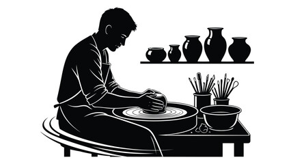 Man working on pottery wheel making ceramic vase silhouette vector illustration isolated on white background