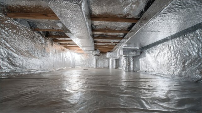 Basement crawl space sealed for energy savings: reflective thermal blankets and rigid dimple board