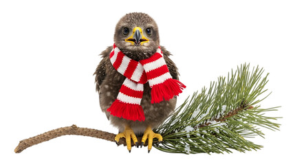 Baby hawk wearing red and white striped scarf on branch with pine needles
