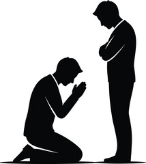 Authority and pleading icon set, black silhouette illustration of emotional interaction, submission and judgment posture concept graphic