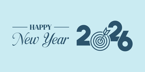 Elegant “Happy New Year 2026” typography in dark teal on light blue background, modern calligraphy and bold numbers with swoosh element, ideal for seasonal greeting cards, banners. © bibin