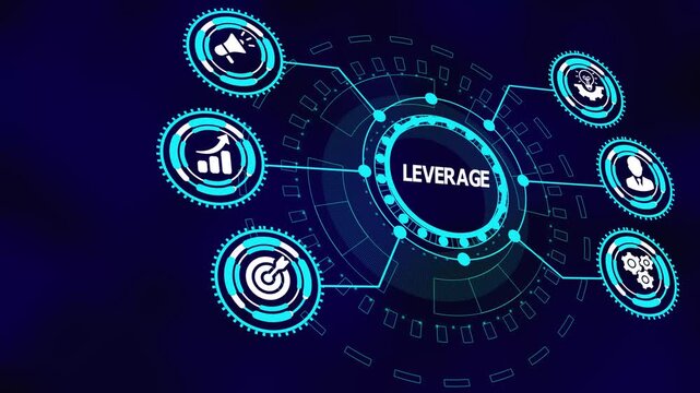 LEVERAGE business strategy concept with digital icons showing optimization, performance scaling, analytics, efficiency, and strategic advantage.