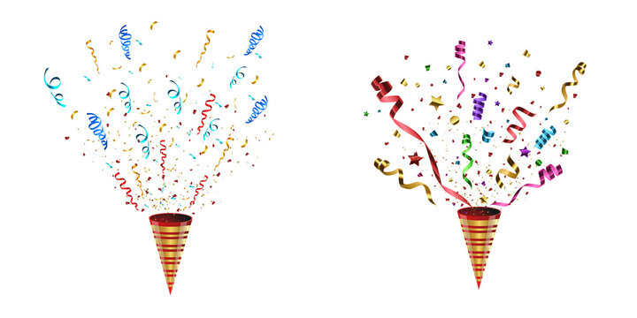 Celebration Party Poppers With Multicolor And Golden Ribbon Confetti Burst on Transparent Background
