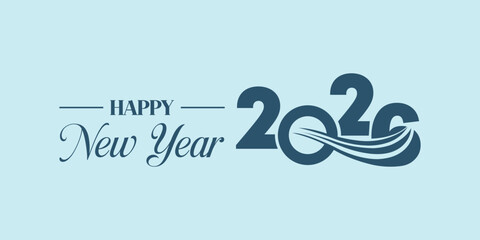 Elegant “Happy New Year 2026” typography in dark teal on light blue background, modern calligraphy and bold numbers with swoosh element, ideal for seasonal greeting cards, banners.