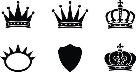 Fototapeta premium Elegant black silhouette assortment of six different regal and imperial crown designs suitable for logo creation and royal themes.