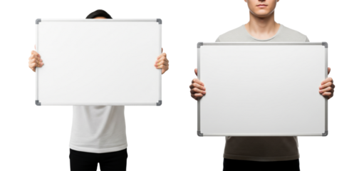 Collection of Person holding a blank white boards isolated on white