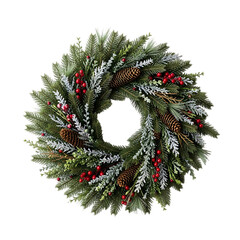 Frosted Christmas Wreath with Pinecones and Red Berries