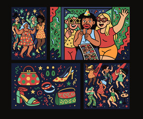 Obraz premium Happy New Year celebration collage in bold vector style: dancing friends, NYE photo booth strip, party props and confetti on dark background for festive design.