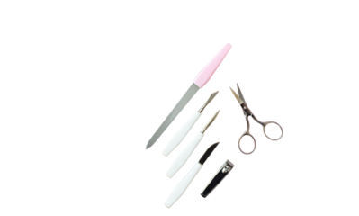 A collection of beauty tools including tweezers, scissors, and nail files arranged on a white background.