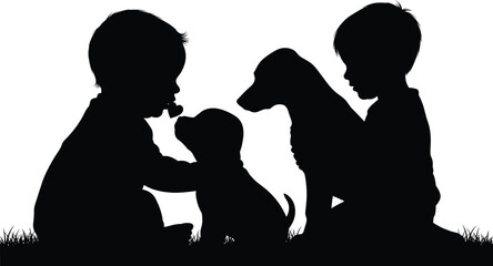 Children and puppy bonding icon set, black silhouette illustration of seated interaction on grassy surface, companionship and care concept graphic