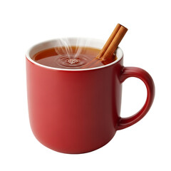 Red mug of hot tea with cinnamon sticks and steam drink