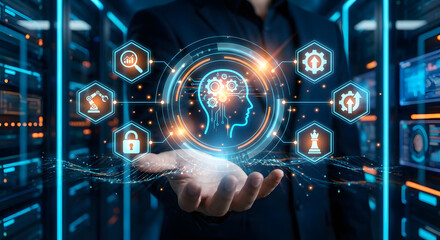 Futuristic Artificial Intelligence Technology Concept with Digital Human Brain and Data Icons in a High-Tech Virtual