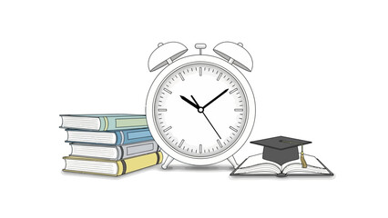 Vibrant educational elements with alarm clock and graduation cap