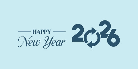 Elegant “Happy New Year 2026” typography in dark teal on light blue background, modern calligraphy and bold numbers with swoosh element, ideal for seasonal greeting cards, banners. © bibin