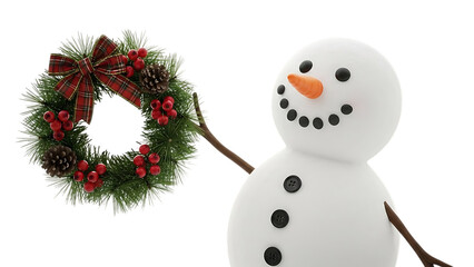 Snowman holding a Christmas wreath with plaid bow holiday