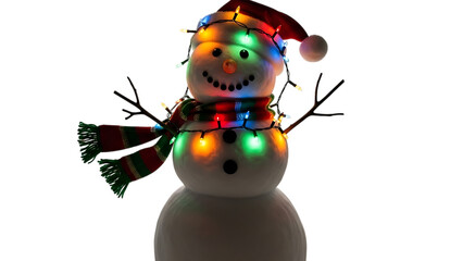 Snowman wearing Santa hat and scarf decorated with colorful Christmas lights