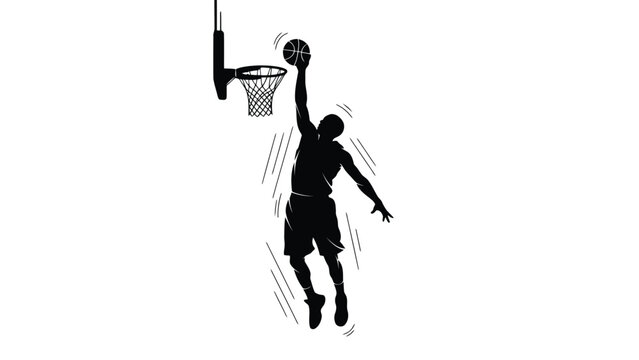 Silhouette of basketball player dunking ball into hoop with motion lines Vector isolated on white background