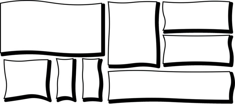 Hand-drawn grid of blank panels and frames. Irregular white rectangles and squares with black shadows and borders, comic book style layout template.
