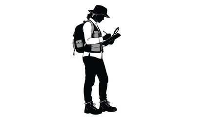 Obraz premium Silhouette of a man with backpack and hat reading a map isolated on white background