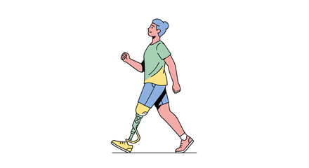 Fototapeta premium A determined individual with a prosthetic leg walks confidently, showcasing resilience and modern adaptive technology for an active lifestyle.