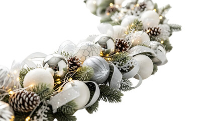 White and silver Christmas garland with pine cones and lights