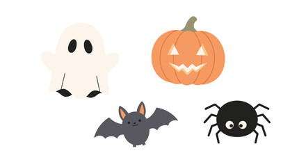 A delightful collection of classic Halloween symbols, including a cute ghost, a smiling pumpkin, a spooky bat, and a friendly spider, perfect for festive designs.