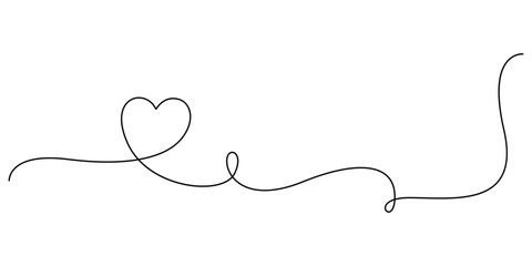 Minimalist continuous line art drawing featuring a single heart shape integrated into a flowing, swirling line