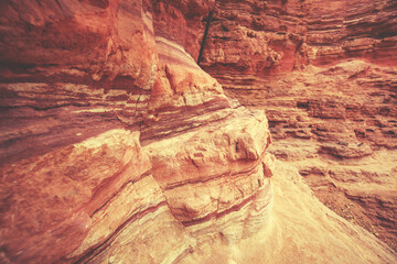 Dry riverbed, wilderness. Desert nature landscape. Sandstone texture. Red Canyon in the Negev Desert near Eilat in Israel
