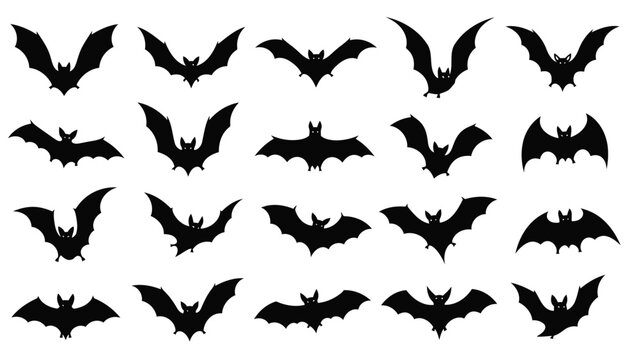 A collection of black bat silhouettes flying in various positions on a white background