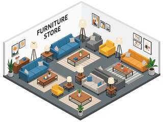 Isometric 3D view vector of a furniture showroom interior with sofas, tables, lighting displays, and modern home retail concept