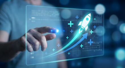 Futuristic digital interface displaying a sleek rocket icon with upward arrow and growth chart in a high-tech