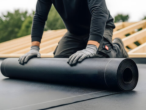 Professional roofer installing black EPDM membrane on flat roof construction | Waterproofing membrane application during new house building project | Close-up of construction worker unrolling durable 