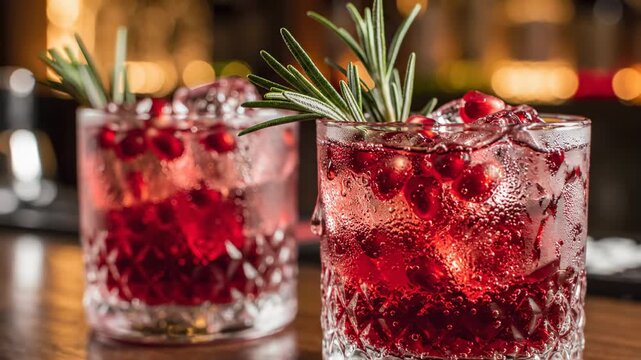 Two glasses of refreshing pomegranate cocktail with rosemary garnish on a bar counter. Alcohol drink or mocktail for festive celebration.