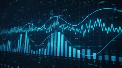 Animated financial chart with glowing data graphs and bar charts on a digital screen. Business analytics for stock market trading and investment strategy showing volatility - Powered by Adobe